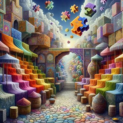 The primary subject of the image is a colorful, artistic scene featuring a variety of objects and colors. The setting includes a street with a colorful carpet, a bridge, and a tunnel. The visual style of the image is a combination of digital art and illustration, creating a vibrant and lively atmosphere. The dominant colors in the scene are a mix of bright and warm hues, such as pink, yellow, and orange, which contribute to the overall cheerful and playful mood of the image.